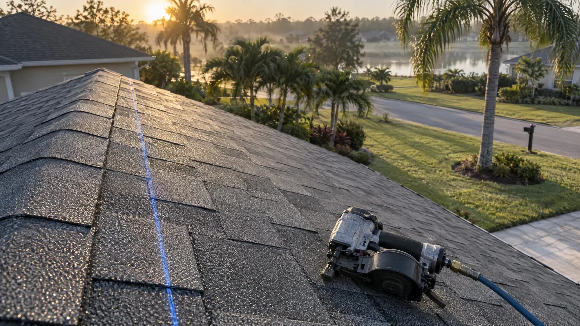 Looking down a new charcoal architectural shingle roof to a Largo, Florida yard at first light, a blue chalk line snapped across the deck
